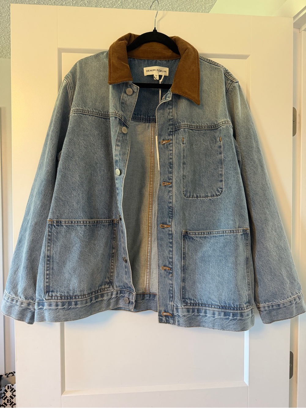 Denim Forum Light Blue Denim Jacket with Brown Corduroy Collar - WorkwearJacket